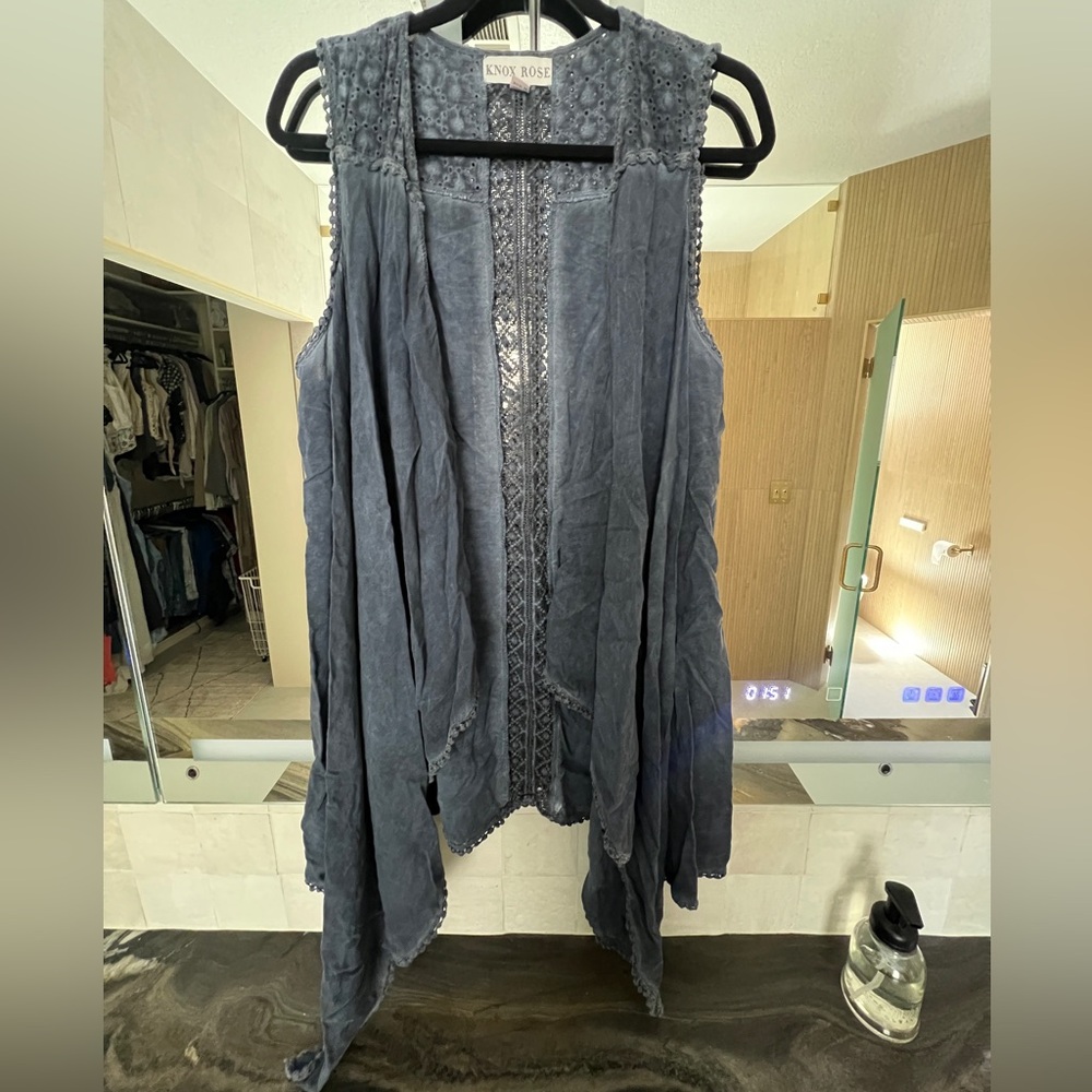Washed black sleeveless Drape Vest with crochet detailing